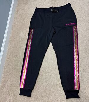 Y2K bebe sport Women's Black Fleece Jogger Sequin Stripe Drawstring size L 244